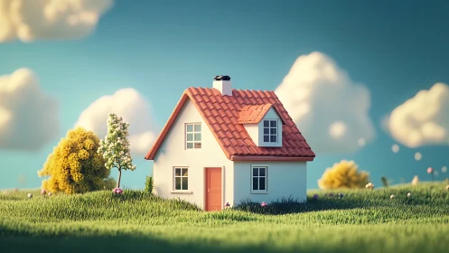 Small gabled house sits in stylized grassy landscape