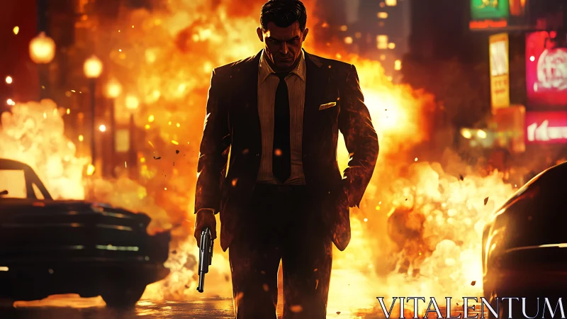 Noir hitman advancing through blazing city inferno.