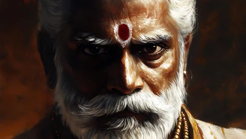 Elderly man with white beard stares forward under warm light