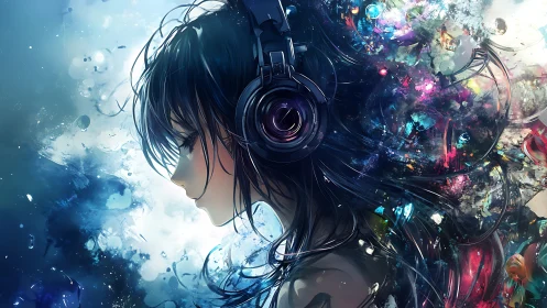 Side-profile anime listener immersed in abstract chromatic audio field
