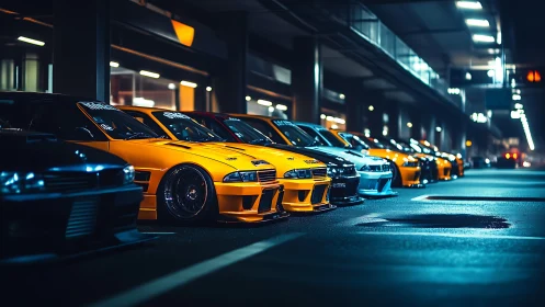 Neon-lit tuner lineup prowls a midnight city parking arena.