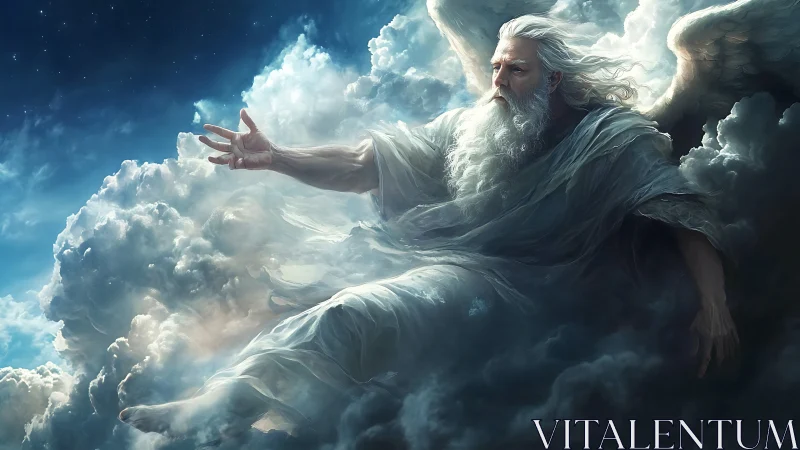 Winged elder figure seated in dense illuminated clouds.