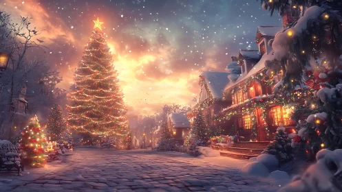 Digital painting of illuminated snowy Christmas village street.