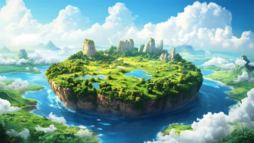 Floating Island Paradise Surrounded by Ethereal Clouds Above Blue Waters