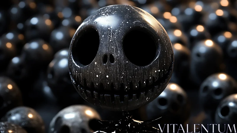 Glossy stylized skull sphere with eerie bokeh background.