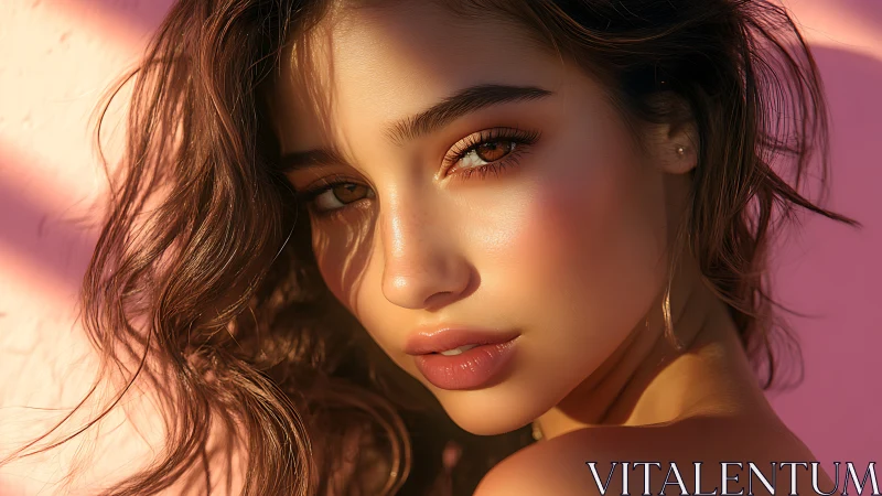 Sunlit gaze ignites soft glamour against rosy pastel walls.