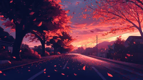 Autumn boulevard glows under cinematic sunset perspective.
