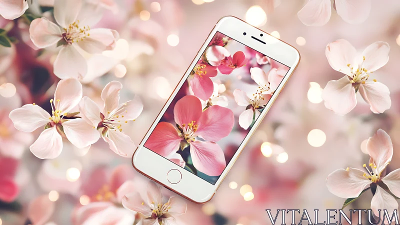 Smartphone among pink cherry blossoms with soft bokeh glow