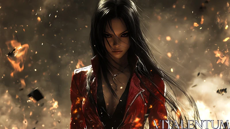 Firelit femme antihero in red leather jacket amid explosions