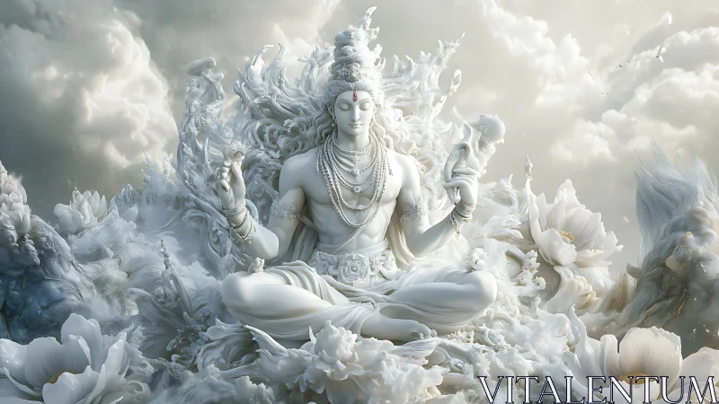 Serene celestial deity resting in a cloud of soft blossoms.