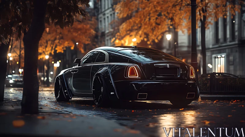 Midnight coupe prowls through ember-lit autumn city streets