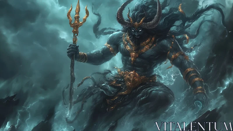 Mythic sea warlord with trident in storm-tossed maelstrom.