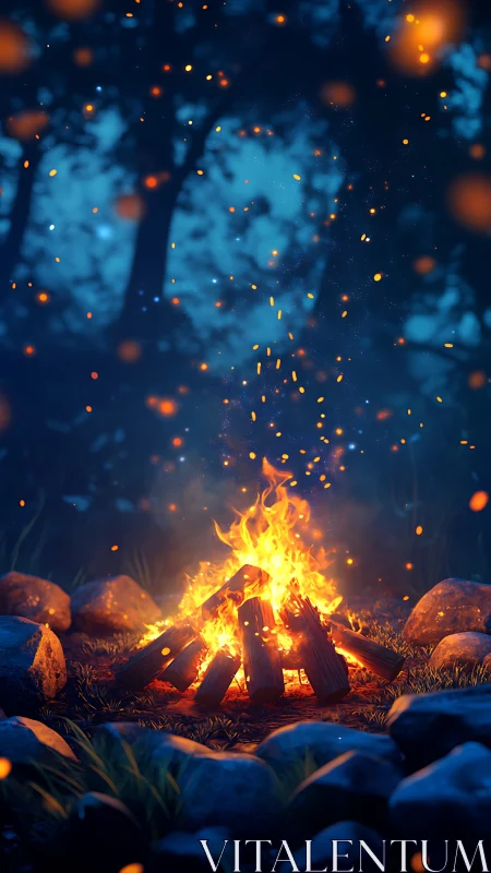Bonfire Embers Against Twilight Forest.