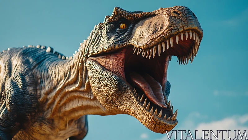 Hyperrealistic tyrannosaurus rex roar under clear blue sky