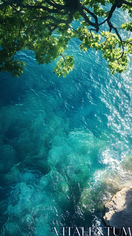Overhead view of turquoise coastal water and shoreline rock.