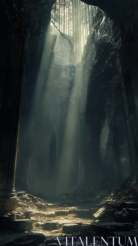 Sunlight enters a ruined vaulted cavern through a high opening