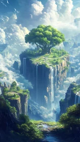 Floating cliff island with waterfalls and single tree.