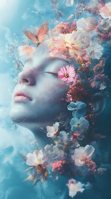 Dreaming feminine visage blooms through ethereal florals