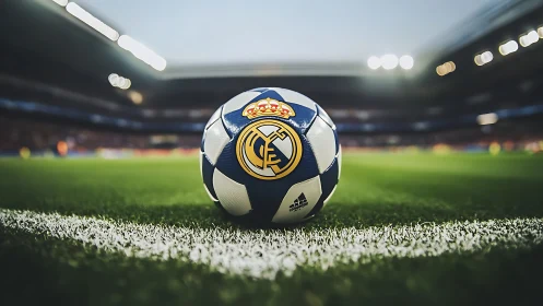 Low-angle stadium close-up of branded match football on touchline