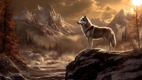 Noble wolf gazes over misty autumn mountains at sunrise