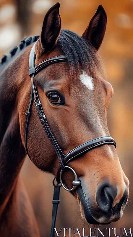 Warm light on bay horse portrait with braided mane details.