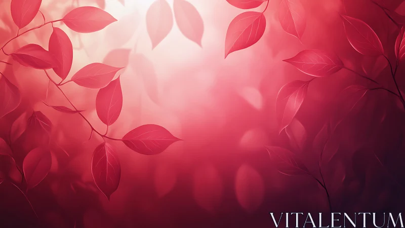 Crimson leaves drift softly through a glowing rose fog