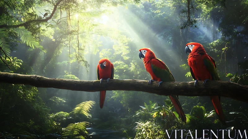 Scarlet macaws on sunlit jungle branch in vivid detail.