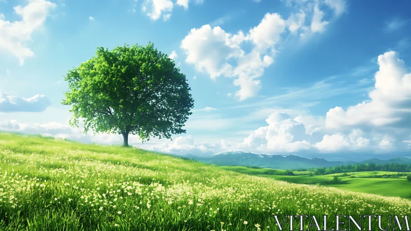 Solitary green tree crowns bright wildflower hillside