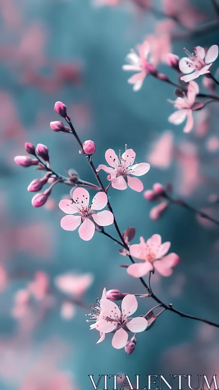 Blossom Reverie in Teal: Pink Petals Dance Through Dreamscape.
