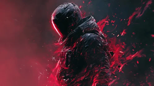 Armored sci fi figure in red fragmented energy field.