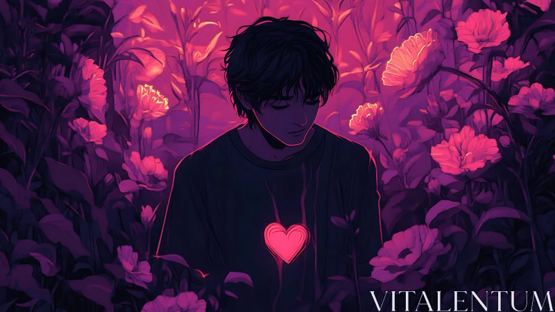 Figure with glowing heart in dense pink and purple flora.