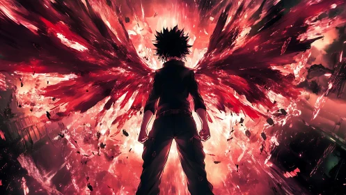 Explosive anime hero with blazing red energy wings.