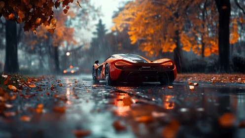 Red supercar glides through rainy autumn parkway at dusk