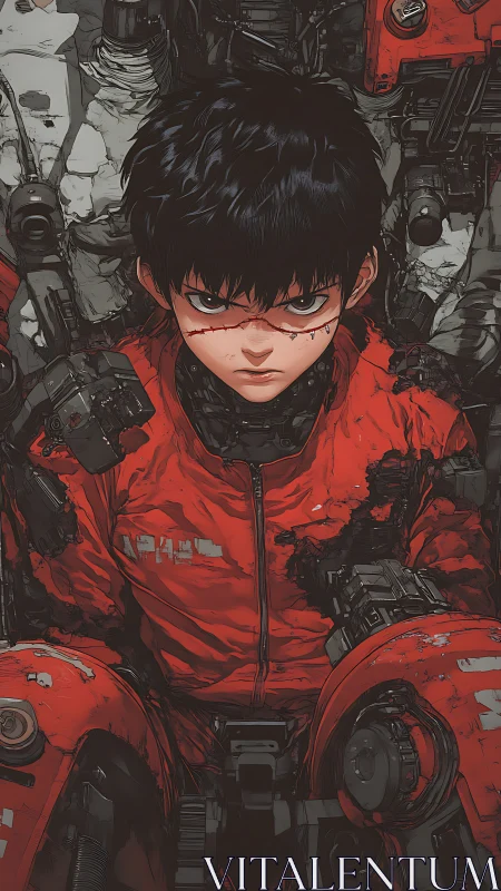 Defiant cyberpunk youth in red suit amid heavy mechs.
