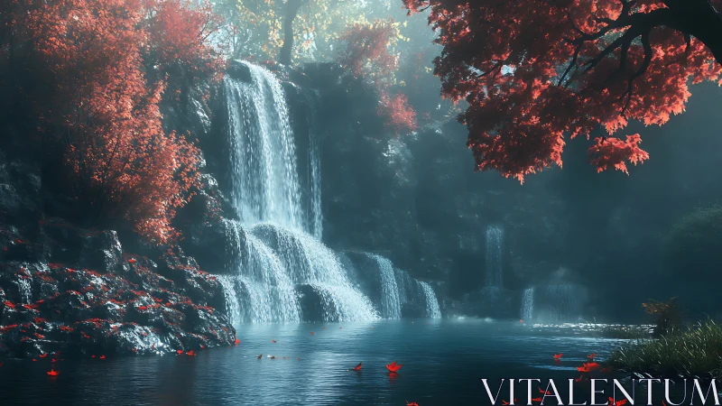 Cascading waterfall framed by crimson foliage in diffuse mist