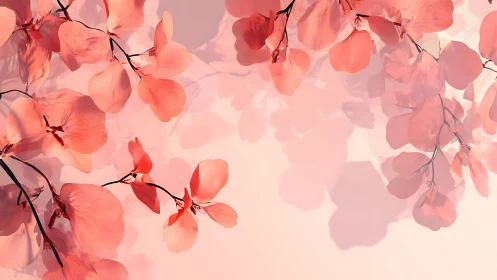 Coral floral branches cast soft layered shadows on pastel wall