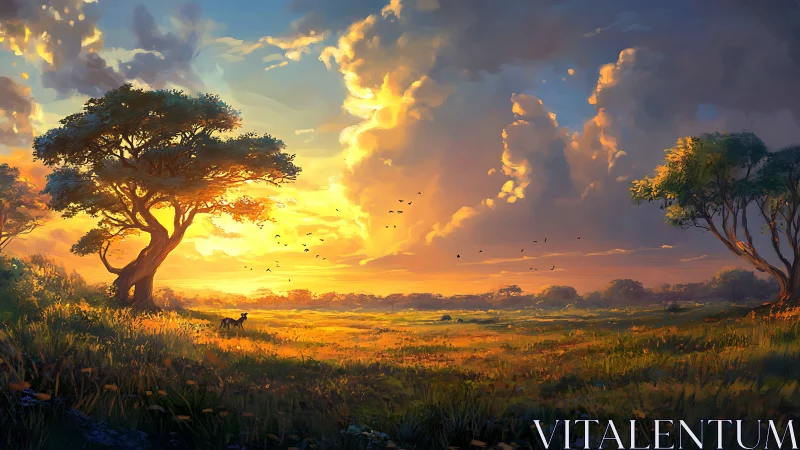 Sunlit savanna meadow under dramatic storm-lit clouds.