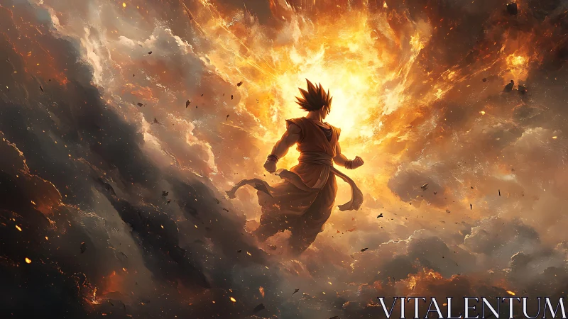 Radiant warrior rising through blazing storm clouds.