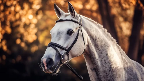 White dappled horse portrait under warm golden bokeh light.