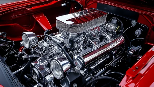 Chromed V8 hot rod engine in pristine red bay close-up.