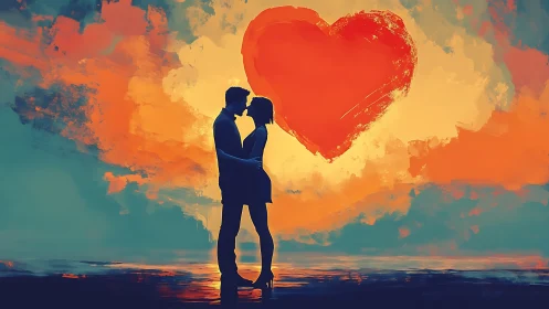 Silhouette couple kissing beneath red heart shape