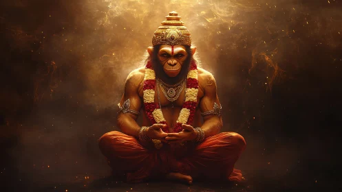 Hanuman-inspired figure in fiery meditative digital artwork.