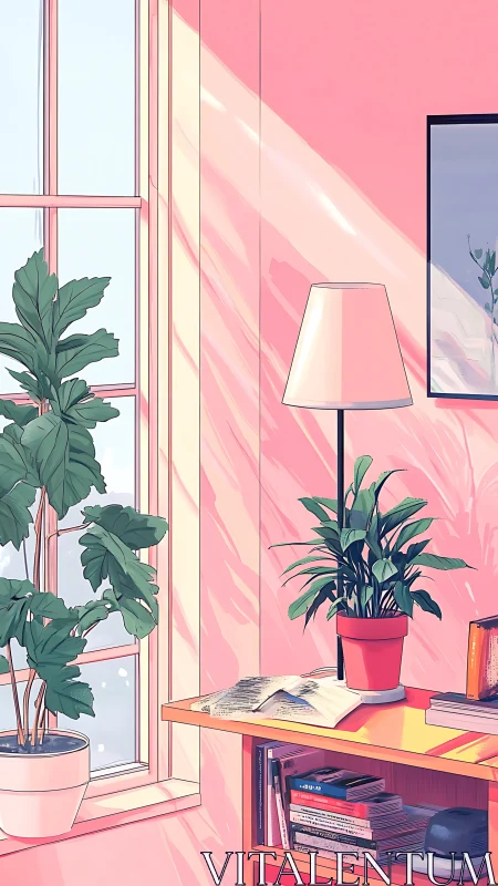 Sunlit pink studio corner with plants and open book interior.