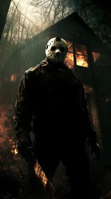 Hockey-masked slasher silhouette before burning forest cabin.
