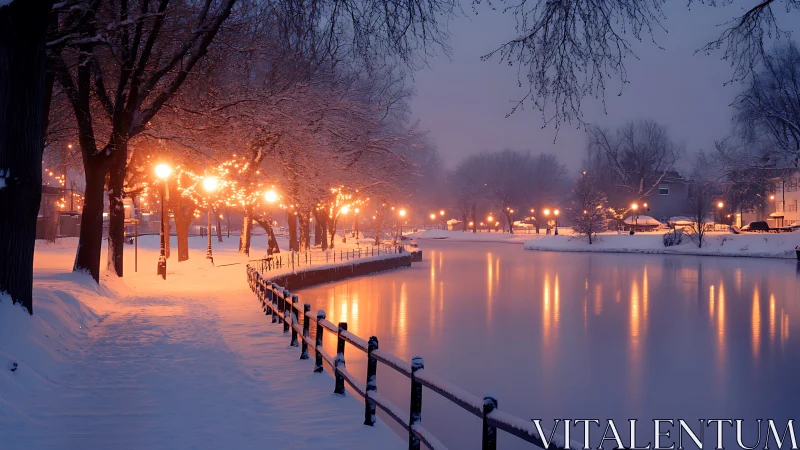 Snow-laden riverside path under sodium streetlights at blue hour