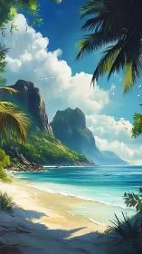 Secluded Tropical Beach With Majestic Cliff and Palm Trees