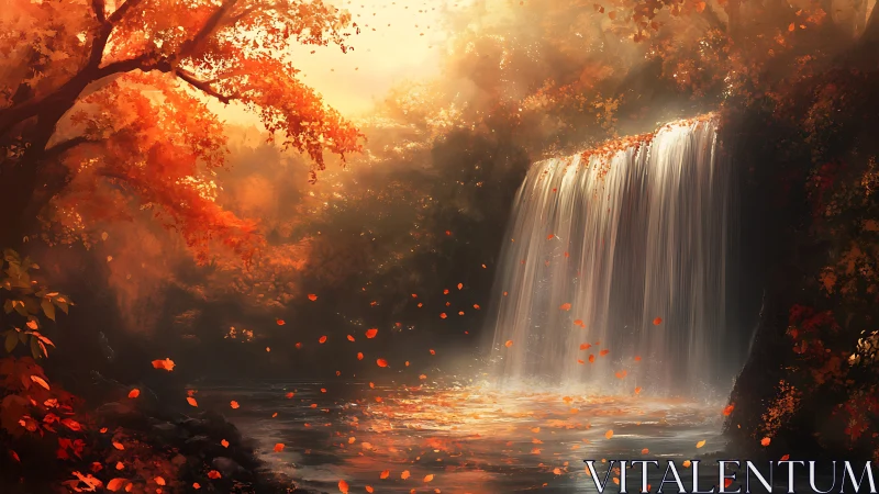 Autumn waterfall in warm light over tranquil forest pool.