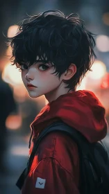 Youthful urban portrait in red jacket with cinematic bokeh.