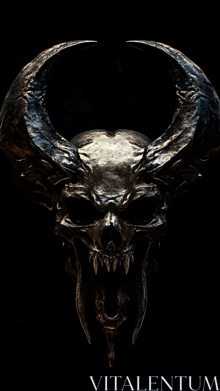 Horned metallic skull design on black background, centered.