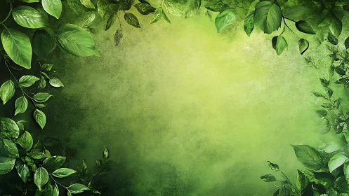 Green leaf border on textured gradient background design.